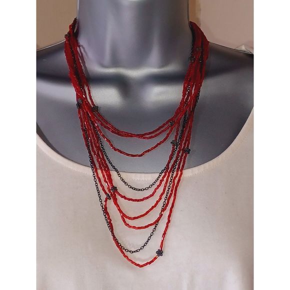 Vintage Multi Strand Layered Red Seed Beads and Bronze Color Flower Necklace - Picture 6 of 9